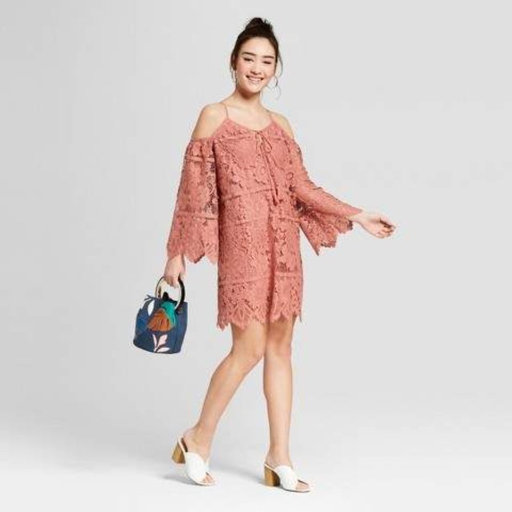 Baby pink cold shoulder lace dress